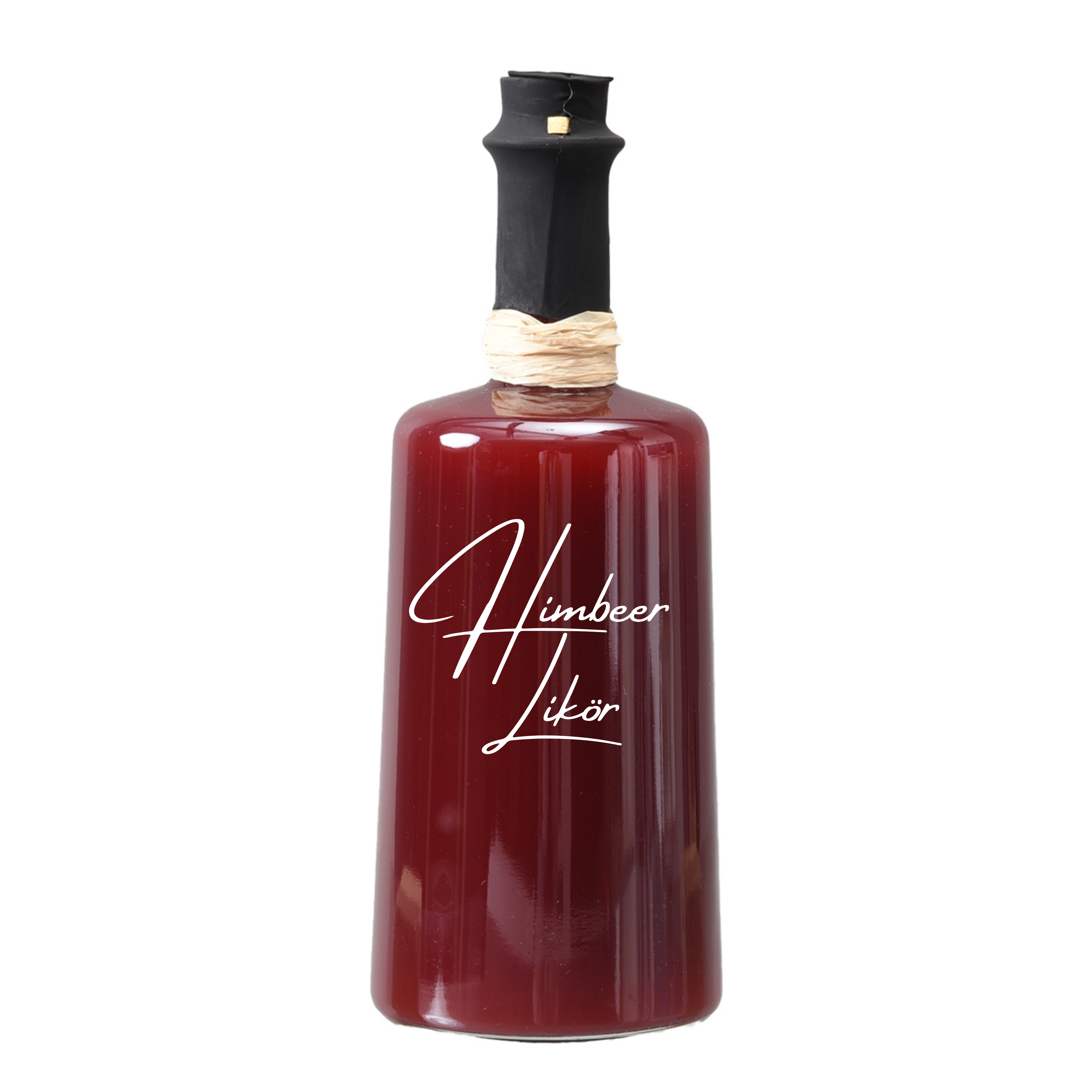 Glasflasche gefüllt mit Himbeer Likör von der Marke Weihnachtslikör & Co