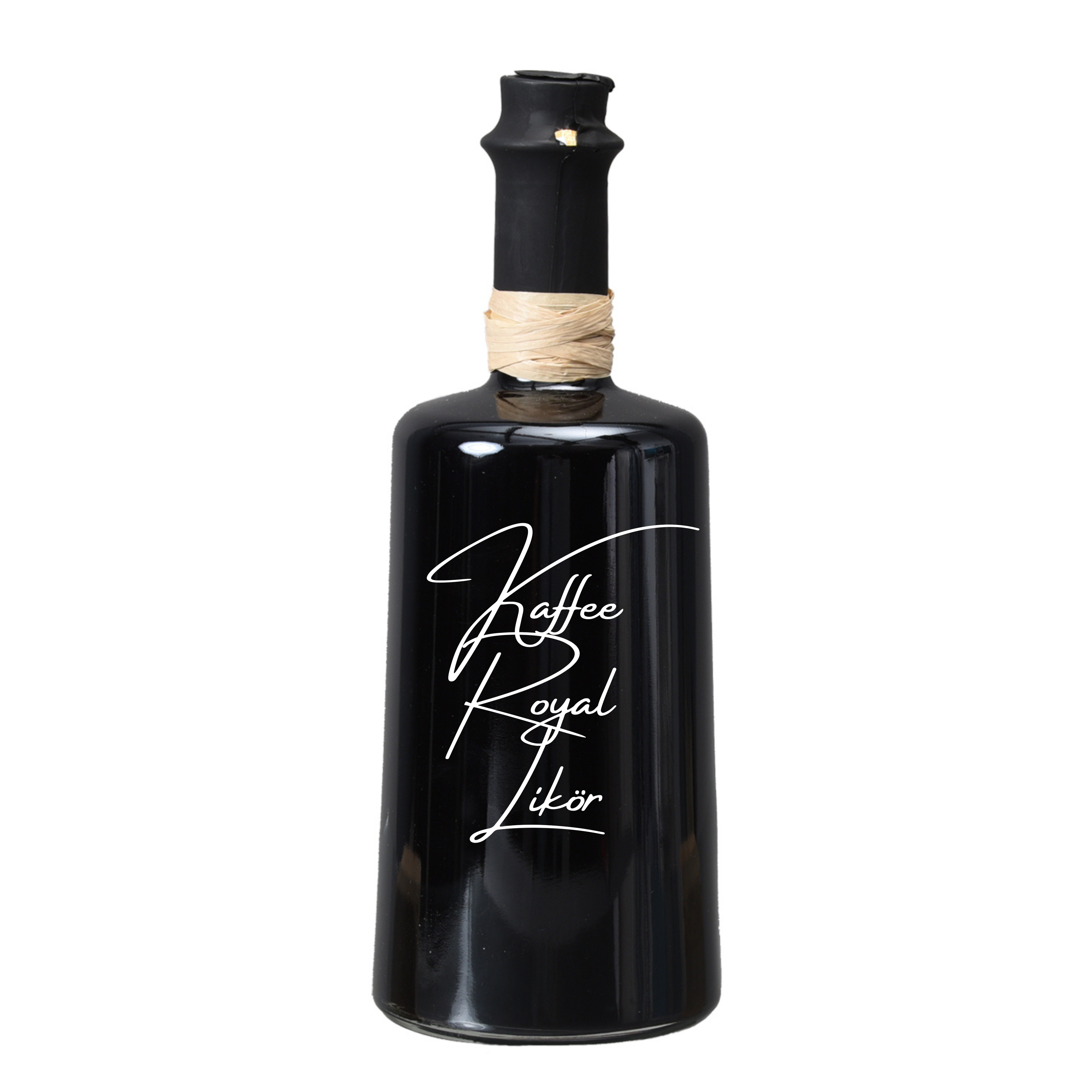 Glasflasche gefüllt mit Kaffee Royal Likör von der Marke Weihnachtslikör & Co