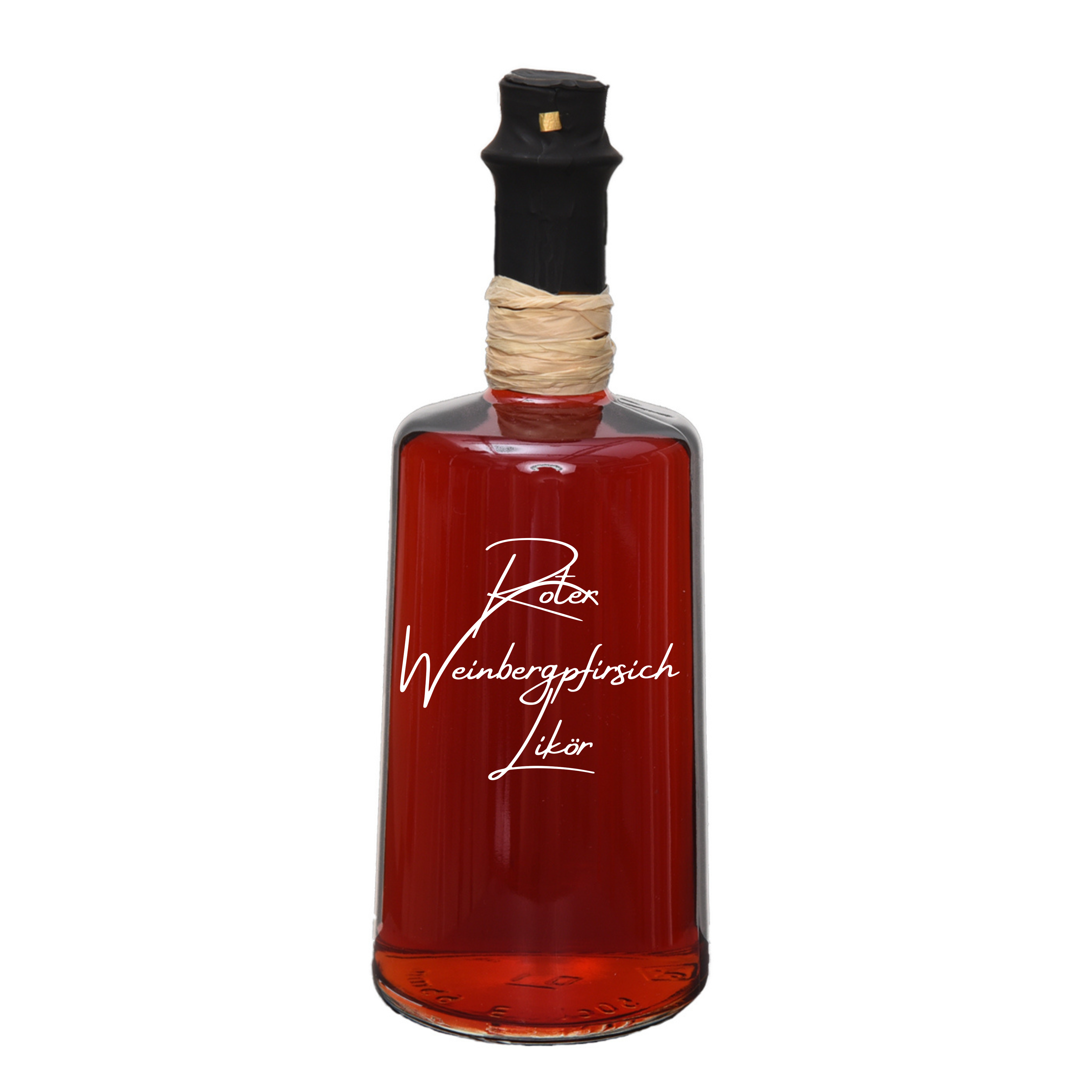 Glasflasche gefüllt mit Roter Weinbergpfirsich Likör von der Marke Weihnachtslikör & Co