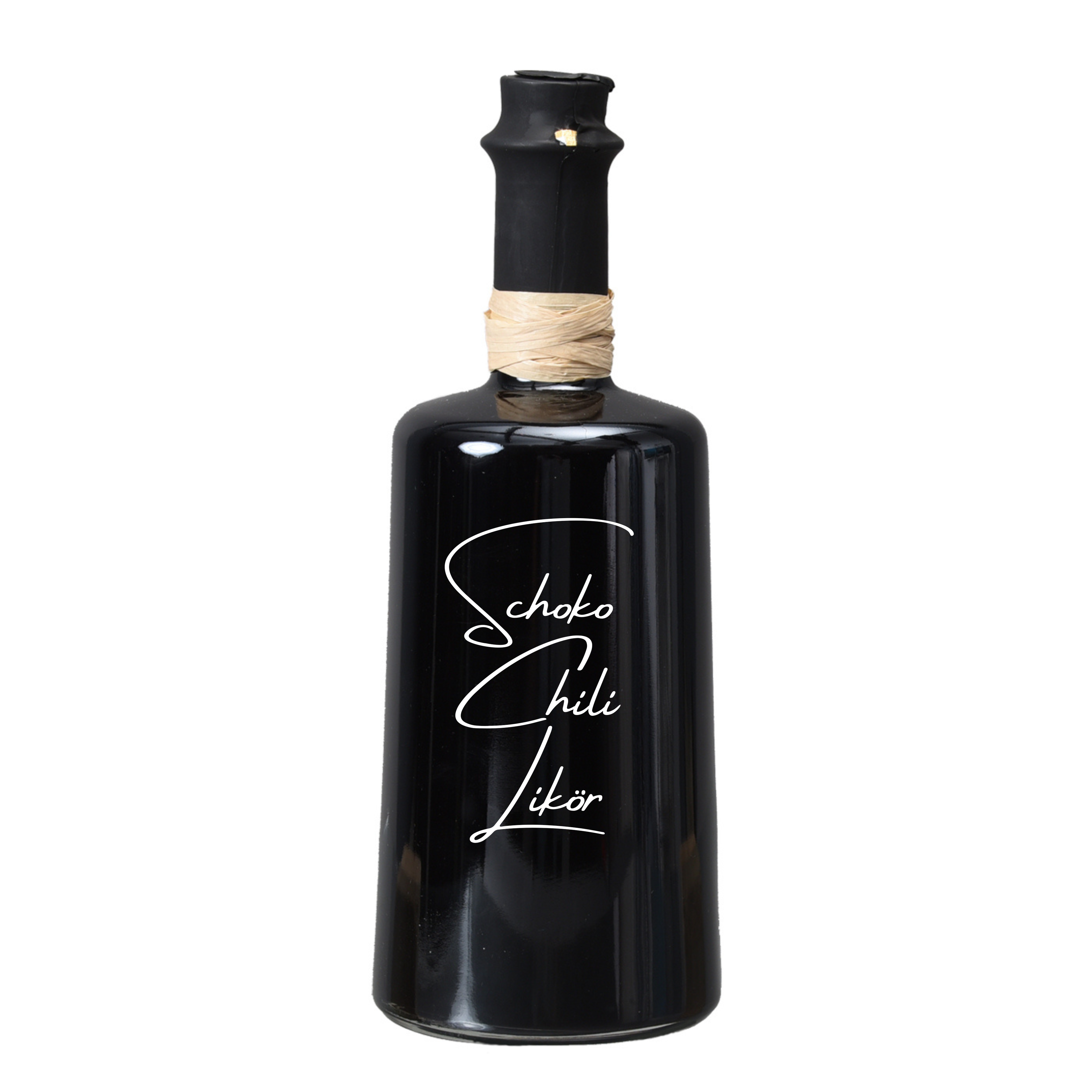 Glasflasche gefüllt mit Schoko Chili Likör von der Marke Weihnachtslikör & Co