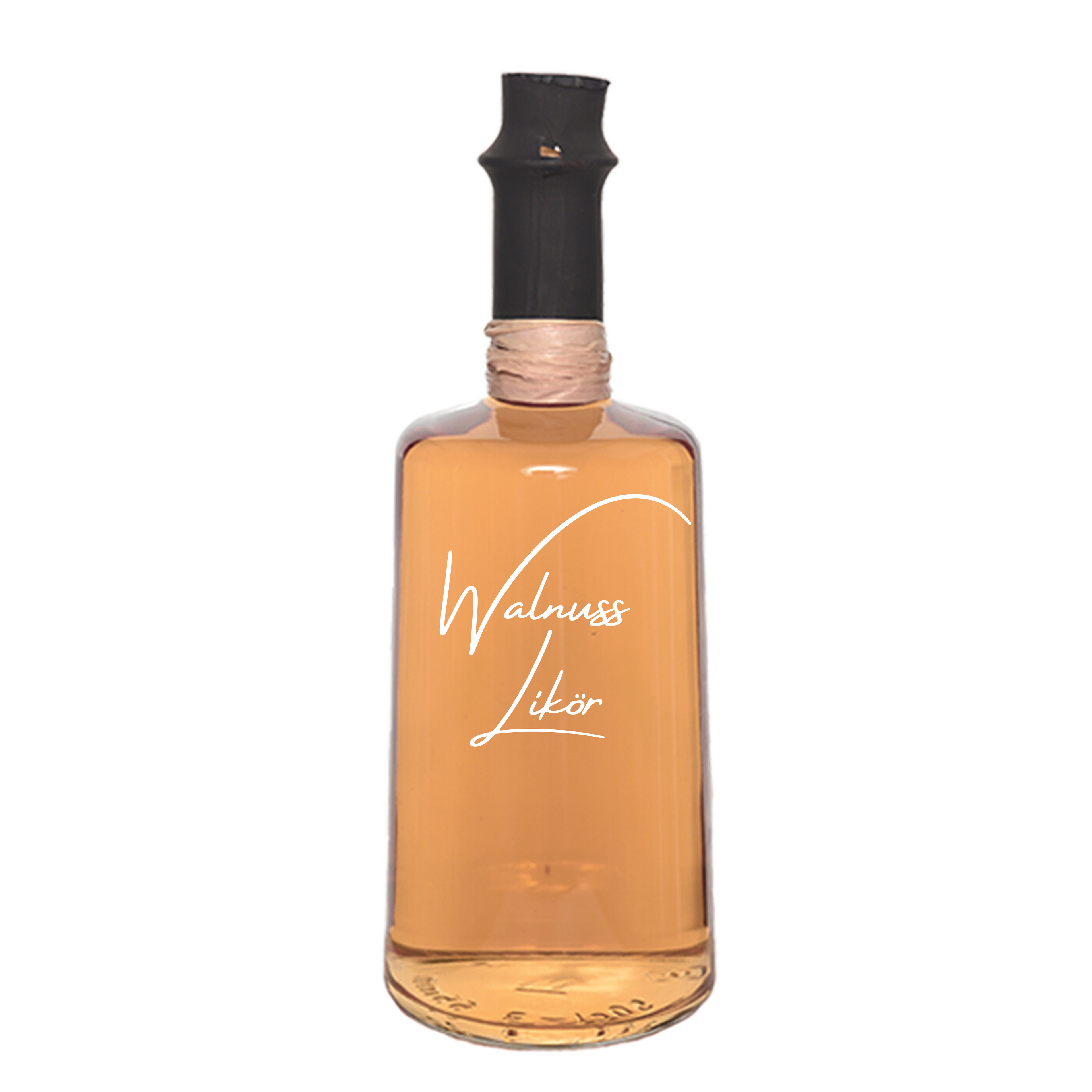 Glasflasche gefüllt mit Walnuss Likör von der Marke Weihnachtslikör & Co